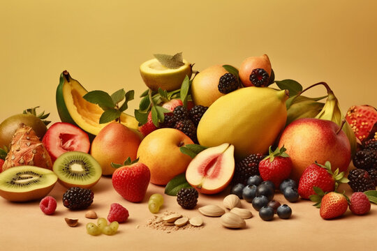 Fruit still life o beige color background, created with Generative AI Technology