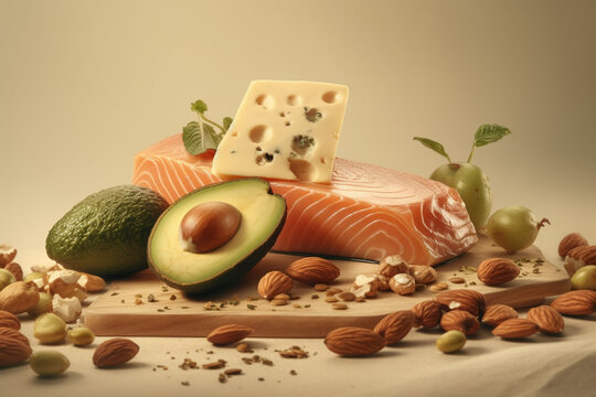 Keto diet food, fish, nuts and avocado with cheese, created with Generative AI Technology