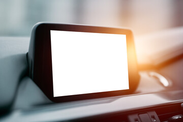 Car console with navigator. Infotainment system blank screen. Car interior