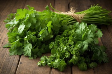 fresh parsley leaves on a rustic wooden table. Generative AI