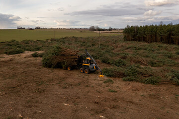 Drone photography of forestry machine piking up small trees and transporting