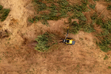 Drone photography of forestry machine piking up small trees and transporting