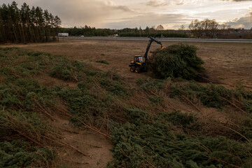 Drone photography of forestry machine piking up small trees and transporting