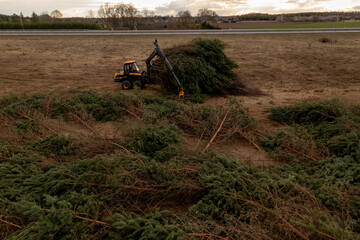 Drone photography of forestry machine piking up small trees and transporting