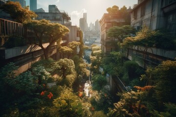 Fototapeta na wymiar A modern cityscape filled with lush foliage. A glimpse into the future. Generative AI