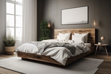 A calm bedroom with a platform bed, white bedding, simple wooden headboard, natural light, and empty walls. Generative AI