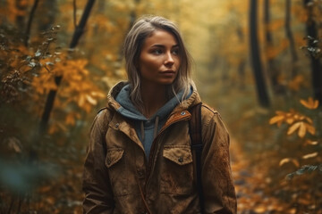 Fototapeta na wymiar Stylish woman in jacket walking in autumn park or forest, created with Generative AI Technology