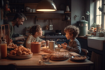 Fototapeta na wymiar Father and son cooking at kitchen, created with Generative AI Technology