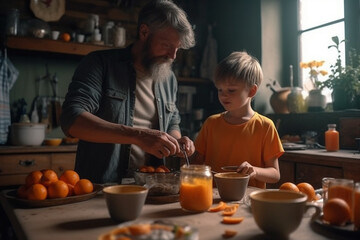 Father and son cooking at kitchen, created with Generative AI Technology