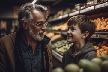father and son shopping at the supermarket together, created with Generative AI Technology