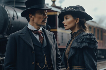 Naklejka premium Stylish woman and man in Victorian epoch clothes on railroad station next to train, created with Generative AI Technology