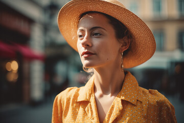 Stylish woman in hat and dress walking on city street, created with Generative AI Technology