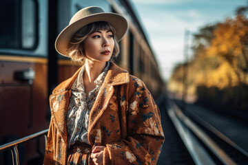 Stylish woman next to train car on station, created with Generative AI Technology