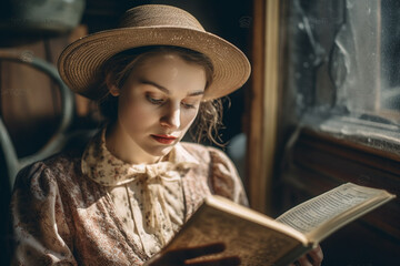 Stylish woman in Victorian epoch clothes reading book in train, created with Generative AI Technology