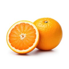 A isolated whole organic fresh orange and an orange cut in half with white background Generative AI Illustration