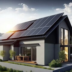 Constructed homes with solar panels on the roof.Generative AI