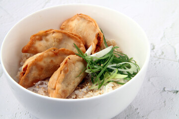 Freshly cooked fried rice topped with fried Gyoza
