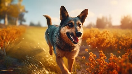 A Happy Dog Leaping with Delight across the Sunlit Field. Generative AI