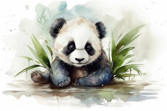 Cute baby panda and bamboo watercolor illustration. Generative AI
