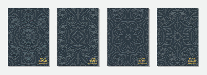 Cover set, ethnic vertical templates. Collection of relief geometric backgrounds with 3D pattern. Unique tribal motifs of East, Asia, India, Mexico, Aztecs, Peru.Vintage dark color.