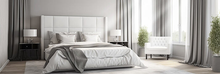 Weißes Doppelbett im hellen Raum mit Fenster und Vorhängen, Panorama, Generative AI - obrazy, fototapety, plakaty