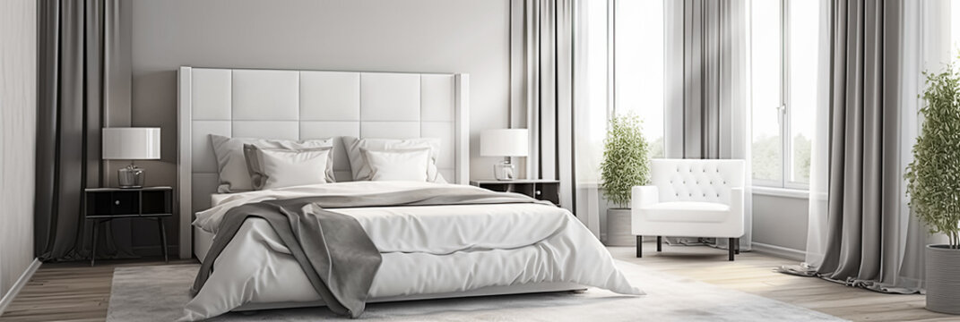 Weißes Doppelbett im hellen Raum mit Fenster und Vorhängen, Panorama, Generative AI