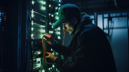 Fototapeta premium Male worker, tech engineer performing maintenance work in a server room, reparing something or upgrading the system, AI generative illustration