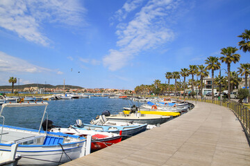 Fototapeta na wymiar The beautiful bay Golfo Aranci with boats and palm trees - Sardinia