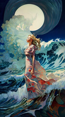 Fototapeta na wymiar A painting of sea goddess with full moon over a stormy sea with huge waves. AI generative seascape.