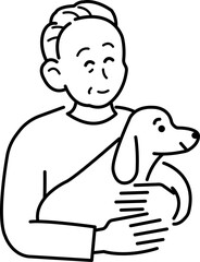 アニマルセラピー　犬を抱っこする年配男性のイラスト　線画のみ