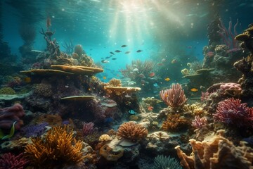 Exquisite tropical marine ecosystem with stunning coral reefs and vibrant fishes, created through computer graphics. Generative AI