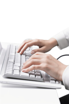 Close up hands of male programmer working on white computer on white minimal workplace, AI Generative. .