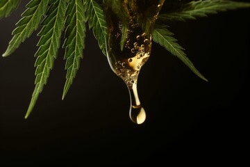 CBD oil dripping from a cannabis leaf. Medical marijuana health concept. Generative AI