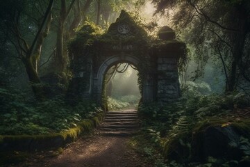 A mystical gateway in the enchanting woodland leading to a different realm. Generative AI