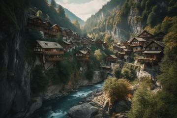 A magical dwarf village nestled in mountains next to a ravine bridging a rushing river. Generative AI