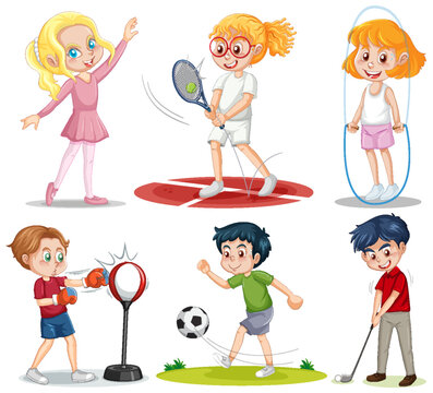Set of kids playing different sports