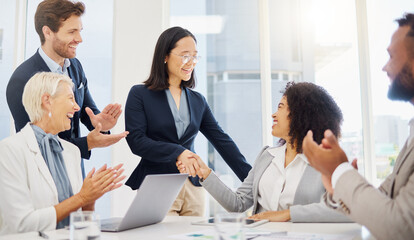 Applause, office deal and happy people shake hand for job interview success, promotion or hiring...