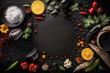 Spices And Vegetables On Black Stone Cooking Background With Copy Space - Generative AI