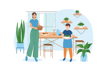 Blue concept Kitchen with people scene in the flat cartoon design. Mother shows her son how to properly cook dinner. Vector illustration.