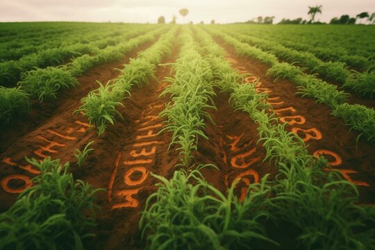 Organic inscription on carrot field grown without chemicals, pesticides, fertilizers or nitrates in ecologically clean areas. Generative AI