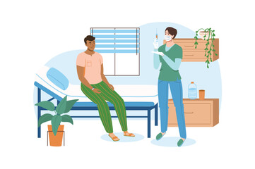 Medical office blue concept with people scene in the flat cartoon style. Doctor is preparing to give the patient an injection. Vector illustration.