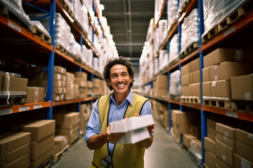 Warehouse worker in warehouse picks goods or packages - mail order, logistics or inventory theme - Generative AI