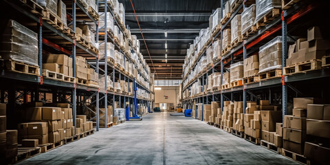 Warehouse or department store with pallets, packages and high shelves with goods and merchandise - logistics, shipping and sales theme - Generative AI.
