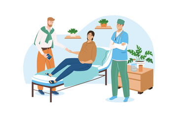 Medical office blue concept with people scene in the flat cartoon design. Woman with her husband came to give birth in a good clinic. Vector illustration.
