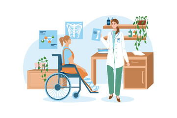 Medical office blue concept with people scene in the flat cartoon design. Girl broke her leg and had to be taken from the doctor in a cart. Vector illustration.
