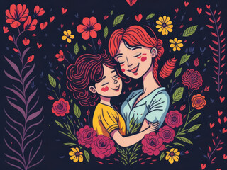 Obraz na płótnie Canvas Illustration for Mother's Day Celebration, Woman Illustration, Mom and Child Hugging, Floral Frame, Generate AI