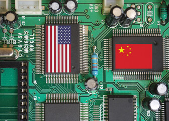 Chip production and trade war between America and China. America and china flag on chips. Chip...