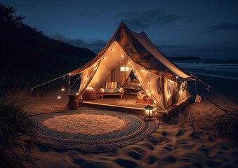 glamping tent on a beach , generative ai - 597054114