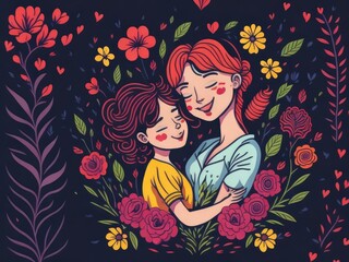 Illustration for Mother's Day Celebration, Mom and Child Hugging, Floral Frame, Generate AI