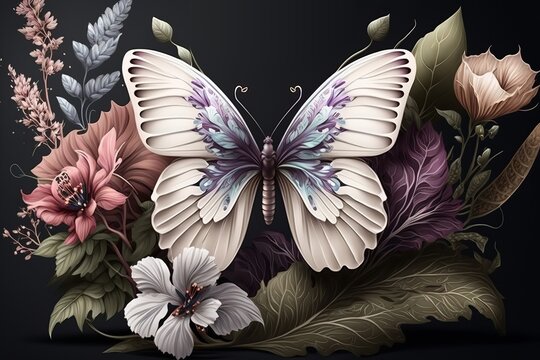 Watercolor colorful Butterfly Flowers Background, Generative AI.